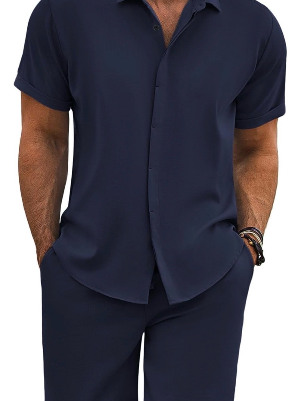 Men's Casual Short-Sleeve Button-Down Shirt and Shorts in Navy